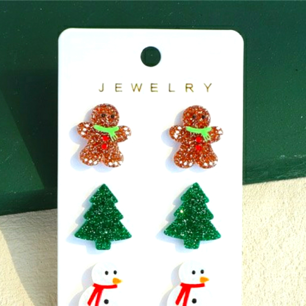 Gingerbread earrings 3 pair set Christmas Tree Snowman Holiday Jewelry NWT